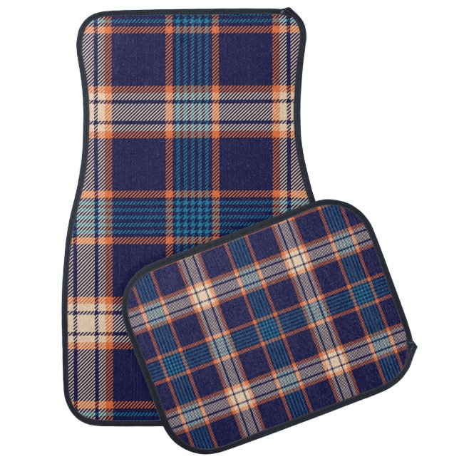 Navy tartan plaid pattern car floor mat (Set)