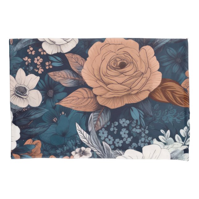 Navy & Taupe Boho Floral Print Pillow Case (Front)