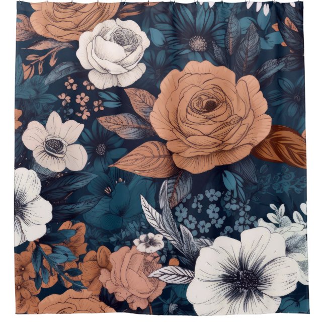 Navy & Taupe Boho Floral Print Shower Curtain (Front)