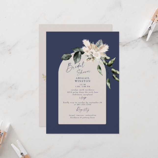 Navy & Taupe Pampas  Boho Bridal Shower Invitation (Front/Back In Situ)