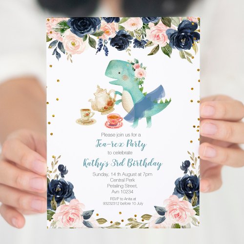 Navy Tea Party Dinosaur 3rd Birthday Invitation