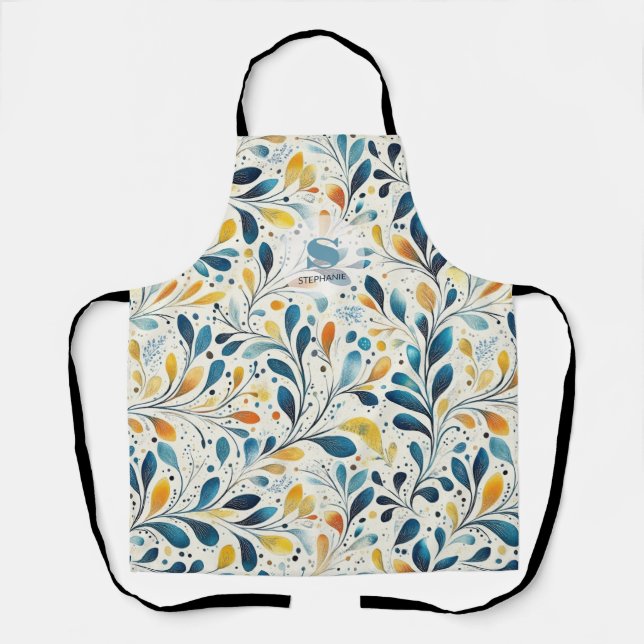 Navy Teal Amber Botanical Leaf Pattern Apron (Front)