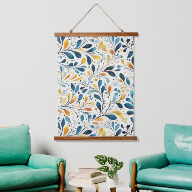 Navy Teal Amber Botanical Leaf Pattern Hanging Tapestry (Living Room)