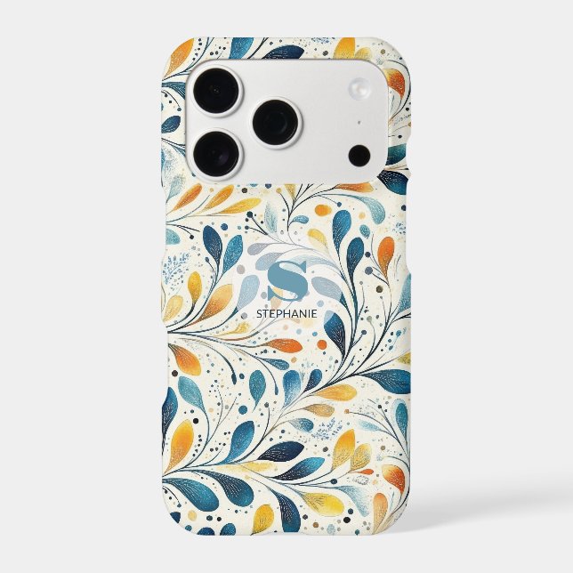 Navy Teal Amber Botanical Leaf Pattern Iphone Case (Back)