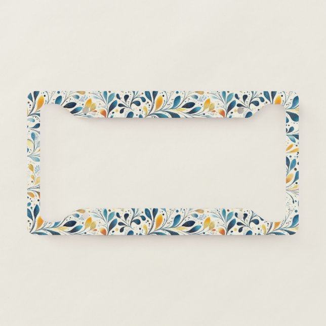 Navy Teal Amber Botanical Leaf Pattern License Plate Frame (Front)