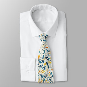 Navy Teal Amber Botanical Leaf Pattern Neck Tie