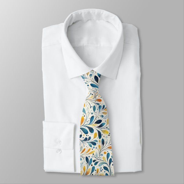Navy Teal Amber Botanical Leaf Pattern Neck Tie (Tied)