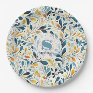 Navy Teal Amber Botanical Leaf Pattern Paper Plates