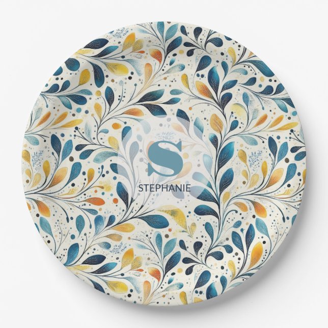Navy Teal Amber Botanical Leaf Pattern Paper Plates (Front)