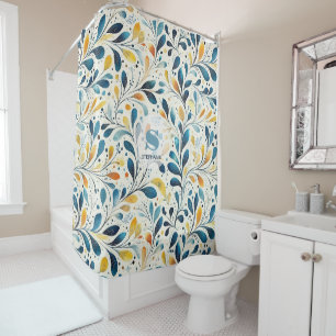 Navy Teal Amber Botanical Leaf Pattern Shower Curtain