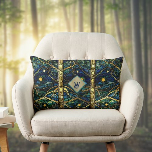 Navy Teal and Gold Moonlight Forest with Monogram Lumbar Pillow