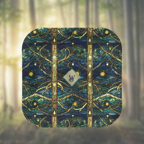 Navy Teal and Gold Moonlight Forest with Monogram Paper Plates