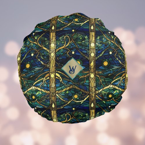 Navy Teal and Gold Moonlight Forest with Monogram Round Pillow