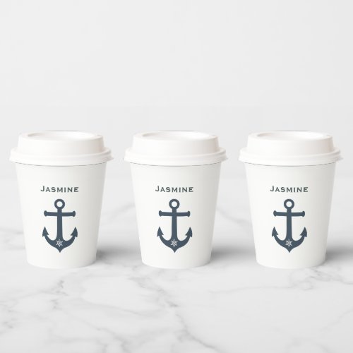 Navy teal blue anchor nautical design  personalize paper cups