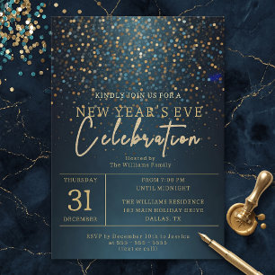 Navy Teal Gold Glitter New Year's Eve Party Invitation