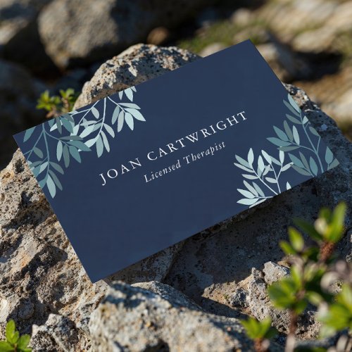 Navy  Teal Greenery Leaves _ Therapist Business Card