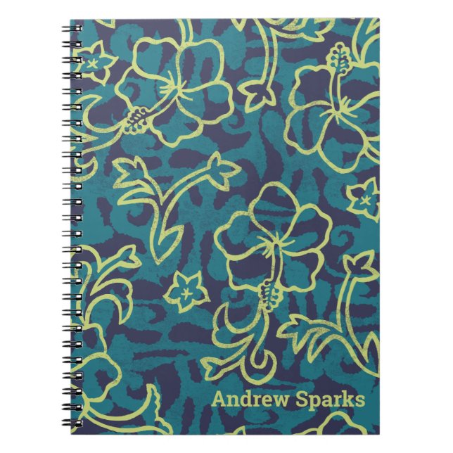Navy & Teal Hawaiian Shirt Art with Lime Hibiscu Notebook (Front)