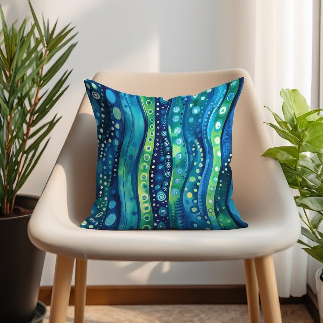 Navy Teal Lime Bohemian Wavy Striped Throw Pillow (Navy Teal Lime Bohemian Wavy Striped Throw Pillow)