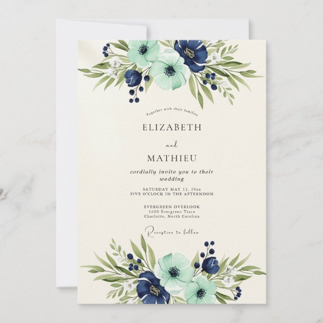 Navy Teal Opulent Botanical Wedding Invitation (Front)