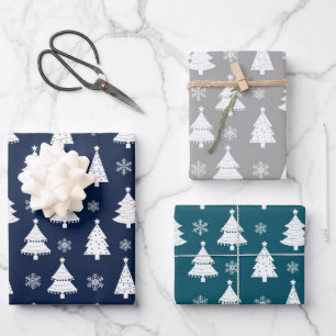 Navy, Teal & Silver Winter Christmas Tree Pattern Wrapping Paper Sheets