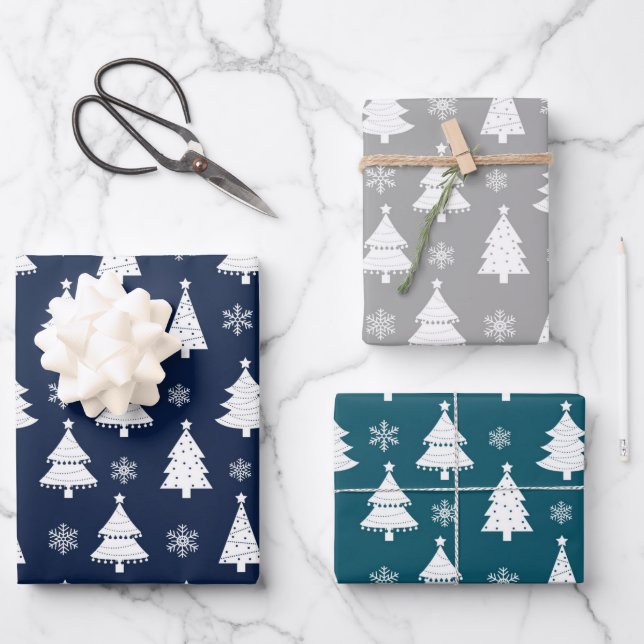 Navy, Teal & Silver Winter Christmas Tree Pattern Wrapping Paper Sheets (Front)