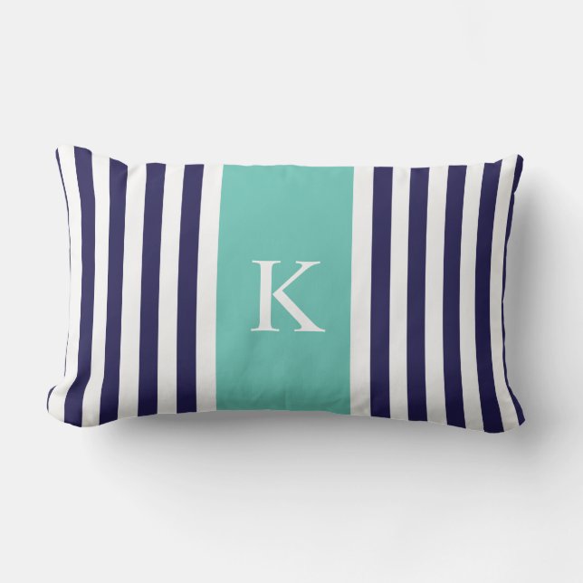 Navy Teal Stripes Monogram Lumbar Pillow (Front)