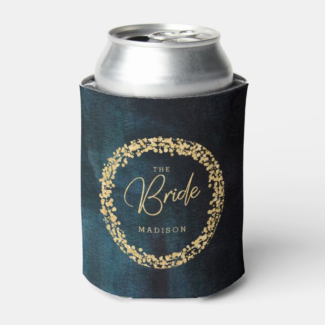 Navy Teal Watercolor & Gold Confetti Wedding Bride Can Cooler (Can Front)