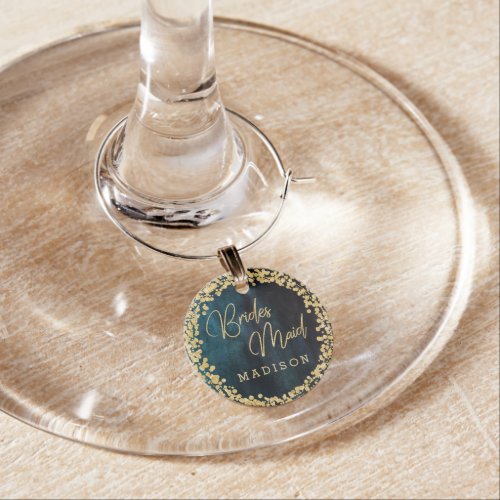 Navy  Teal Watercolor  Gold Wedding Bridesmaid Wine Charm