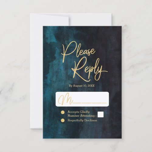 Navy Teal Watercolor  Gold Wedding Reply RSVP