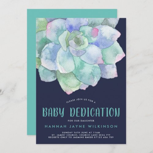 Navy  Teal Watercolor Succulent Baby Dedication Invitation