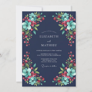Navy Teal Watercolor Winter Wedding Invitation