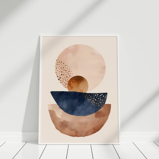 Navy Terracotta Abstract Minimalist Wall Art Print (Watercolor Navy Terracotta Blush Abstract Shapes Poster in a white frame.)