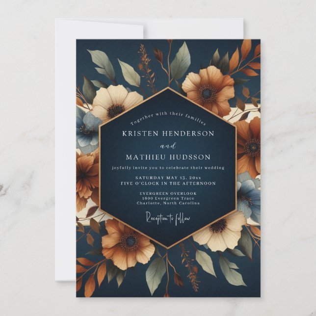 Navy Terracotta Autumn Wedding Invitation (Front)