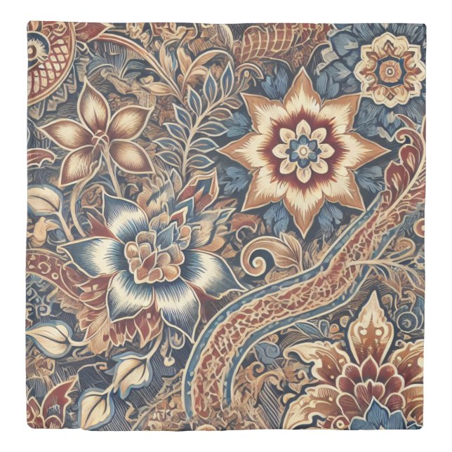 Navy Terracotta Boho Batik Floral Watercolor Duvet Cover (Front)