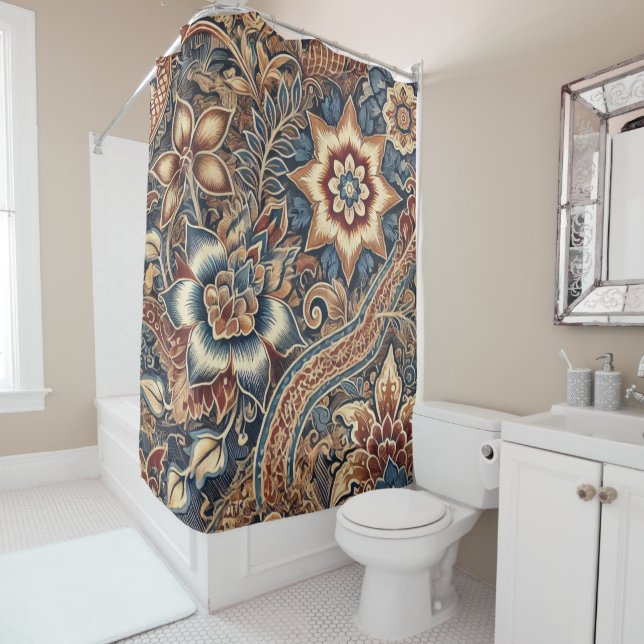 Navy Terracotta Boho Batik Floral Watercolor Shower Curtain (In Situ)