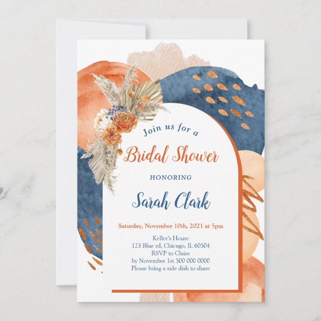 Navy Terracotta Boho Bridal Shower Invitation (Front)