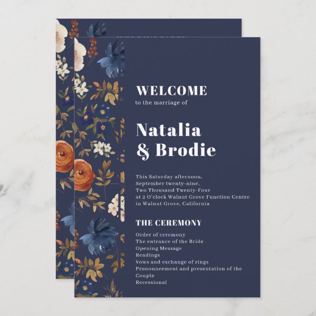 Navy Terracotta Boho Wedding Program (Front/Back)