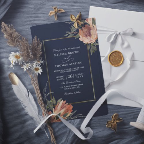 Navy Terracotta Floral Budget Qr Code Wedding Invitation