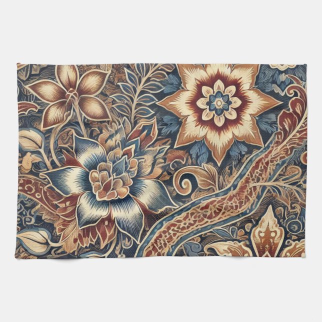 Navy Terracotta Indonesia Batik Floral Boho Rustic Kitchen Towel (Horizontal)