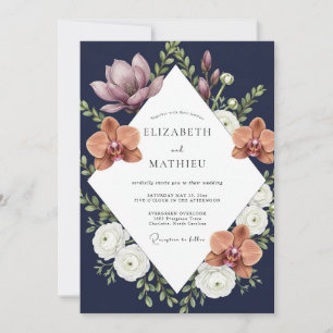 Navy Terracotta Orchid Wedding Invitation