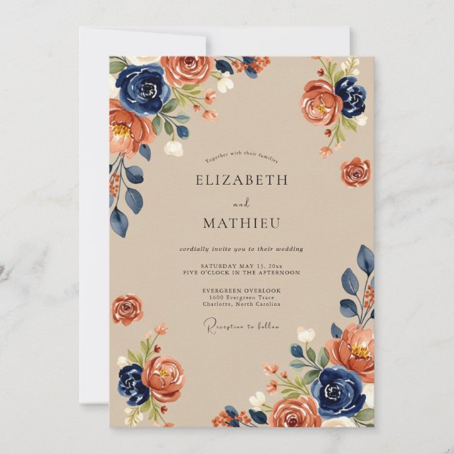 Navy Terracotta Rustic Autumnal Wedding Invitation (Front)