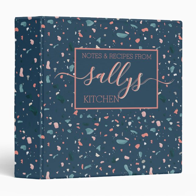 Navy Terrazzo Kitchen Notes Recipe homemade 3 Ring Binder (Front/Spine)