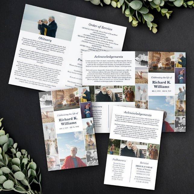 Navy Text 16 Photos Funeral Memorial Program Brochure (Creator Uploaded)