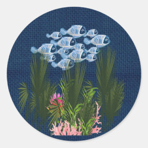 Navy Textured,Fish,Pink-Coral  Classic Round Sticker