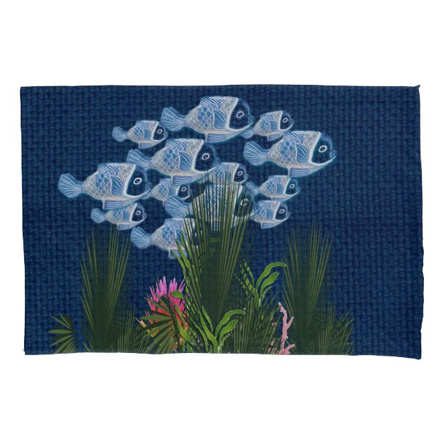 Navy Textured,Fish,Pink-Coral Pillow Case (Front)