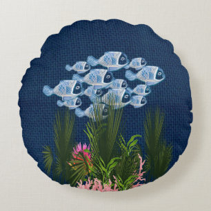 Navy Textured,Fish,Pink-Coral Round Pillow