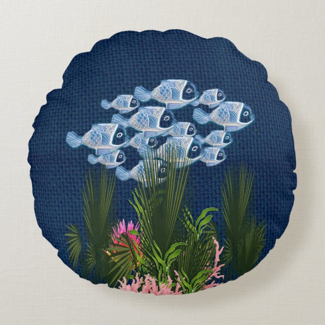 Navy Textured,Fish,Pink-Coral Round Pillow (Front)