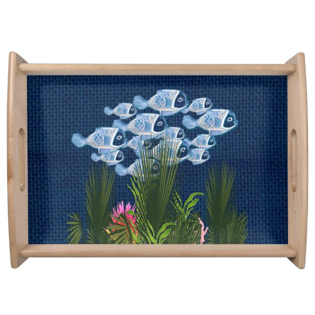 Navy Textured,Fish,Pink-Coral Serving Tray (Front)