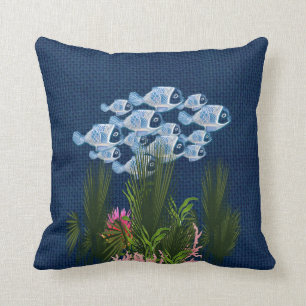 Navy Textured,Fish,Pink-Coral Throw Pillow