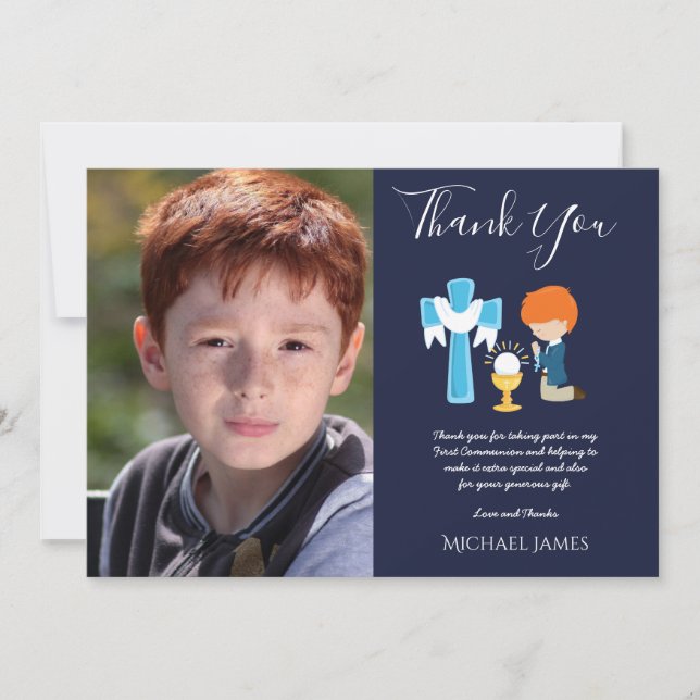 NAVY THANK YOU PHOTO 1st Communion - RED HAIR BOY Card (Front)